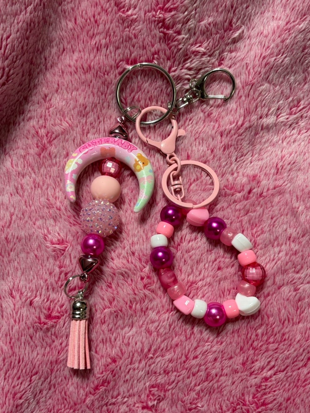 Pink Kawaii Beaded Keychain Set with Tassel
